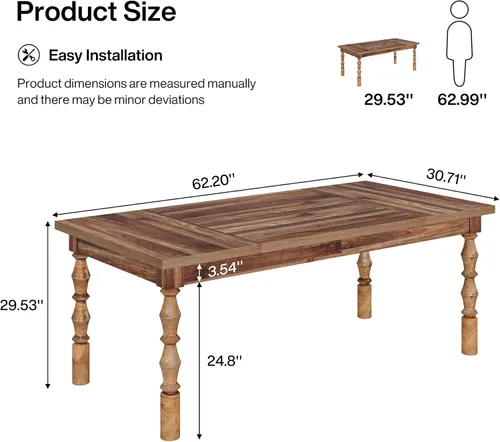 Vista 2 de Tribesigns Mesa de comedor de granja de 62 pulgadas para 4-6 personas, mesa de cocina rectangular grande, mesa de comedor, muebles de cocina y Nogal