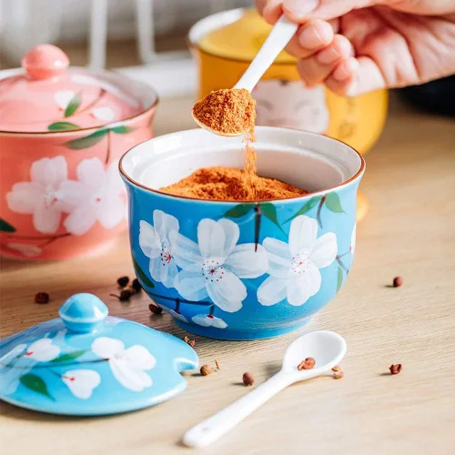 Vista 3 de Pintado a mano flor cerámica condimento tarro condimento olla azucarero con tapa y cuchara-azul