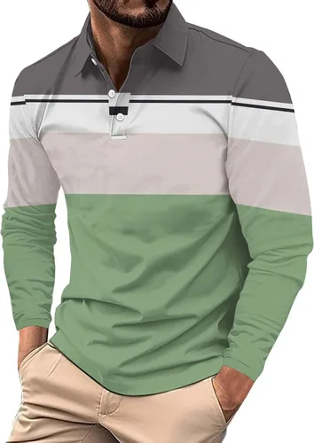 Vista 8 de Camisas polo de manga larga con estampado a rayas para hombre, camiseta de golf para exteriores, cuello en V, camiseta clásica de negocios