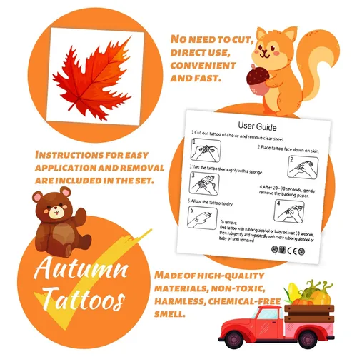 Vista 7 de 240 tatuajes temporales de otoño para niños, Acción de Gracias, impermeables, tatuajes de seguridad, la mejor opción para rellenar bolsas
