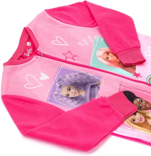 Vista 5 de Barbie Pijama de forro polar rosa todo en uno para niñas, overol de muñeca de juguete, pijama para niños Rosado