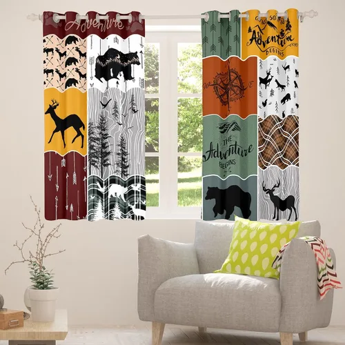 Vista 4 de Cortinas rústicas retro de cabaña, cortinas opacas de oso ciervo, 38 pulgadas de ancho x 45 pulgadas de largo, 2 paneles, cortinas de caza