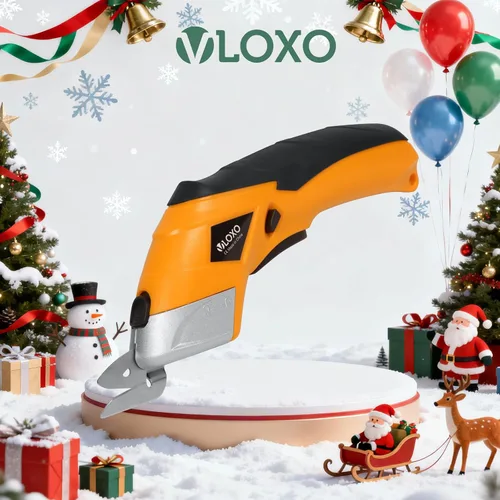 Vista 8 de VLOXO Tijeras eléctricas, cortador de cartón inalámbrico, tijeras de tela eléctrica, mini cortador de caja con cuchillas, multiherramienta Amarillo