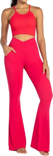 Vista 6 de Sunzel Leggings acampanados para mujer con bolsillos, pantalones de yoga cruzados con control de abdomen, cintura alta y pierna ancha