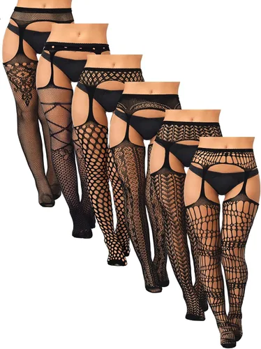 Vista 24 de Skylety 6 pares de medias de red para mujer, medias altas hasta el muslo, medias con tirantes para mujeres y niñas