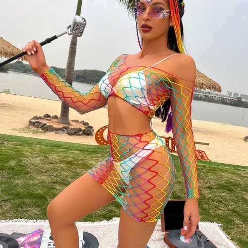 Vista 2 de Traje de baño para mujer, bikini de malla, ropa de baile, conjunto de red de arcoíris, talla libre para festivales de baile, vestidos de playa