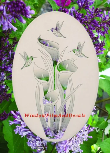 Vista 5 de Lily & Hummingbirds - Calcomanía ovalada para ventana, vinilo de vidrio, 21 x 33 pulgadas, color blanco con elementos de diseño transparentes