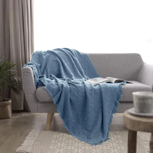Vista 6 de Simple&Opulence Manta 100% algodón para cama, sofá, manta tejida geométrica de lujo bohemia con borlas, suave, ligera, acogedora, transpirable