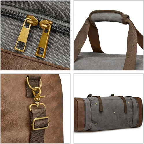 Vista 4 de S-ZONE Bolsa de lona de 65L para viajes durante la noche, bolsa de lona con compartimento para zapatos para hombres y mujeres, Gris, Bolsa de lona