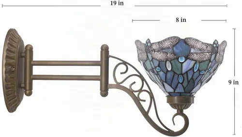 Vista 4 de WERFACTORY Tiffany Lámpara de pared con brazo oscilante para enchufar, luz azul mar, estilo libélula W8L19 pulgadas, serie S147