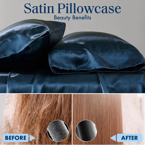 Vista 203 de Madison Park Essentials - Juego de sábanas de satén de lujo y sedoso con brillo natural, bolsillo elástico de 14 pulgadas para colchones de hasta 16