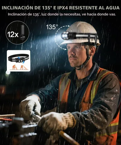 Vista 7 de Linterna frontal recargable 3 piezas, lámpara de cabeza LED de alto lúmen brillante con sensor de movimiento, 4 modos, imán, linterna desmontable