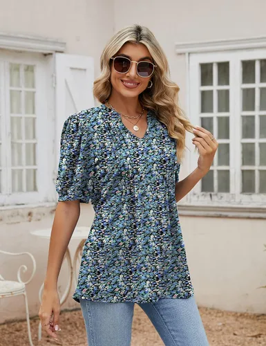 Vista 3 de Camisetas de verano con cuello en V para mujer, de manga corta, estilo casual, a la moda