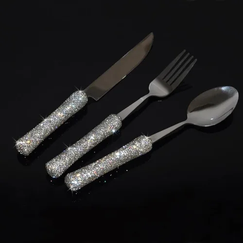 Vista 6 de Juego de utensilios culinarios deslumbrantes con diamantes de imitación brillantes para oficina, almuerzo y viajes (2, dorado)