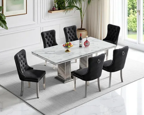 Vista 65 de Juego de 4 mesas de comedor blancas y doradas, mesa de cocina rectangular de 68 pulgadas con parte superior de mármol sintético blanco, mesa de Mesa