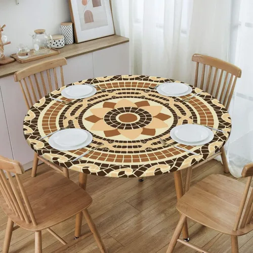 Vista 13 de Mantel redondo geométrico azul y blanco con bordes elásticos para mesas de hasta 45 a 50 pulgadas de diámetro