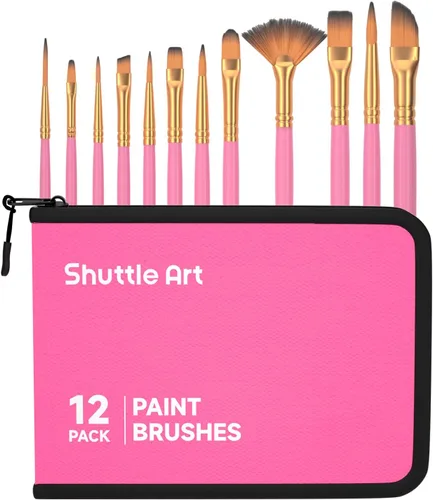 Vista 10 de Shuttle Art Juego de 12 pinceles de pintura con estuche, formas y tamaños surtidos para acrílico, acuarela, óleo y gouache, pinceles de artista