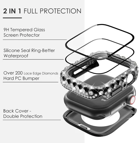 Vista 3 de Surace - Carcasa impermeable 2 en 1 para Apple Watch Series 6, 5, 4, SE de 1.575 pulgadas Lace Edge Diamond Protective Bumper Cover Built-in
