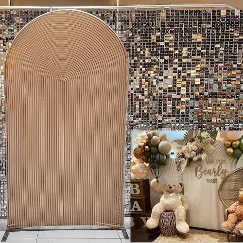 Vista 2 de Fundas de telón de fondo de tela de arco, ondulaciones de boda, color beige, fundas de soporte arqueadas de 6 pies, fondo elástico para cumpleaños
