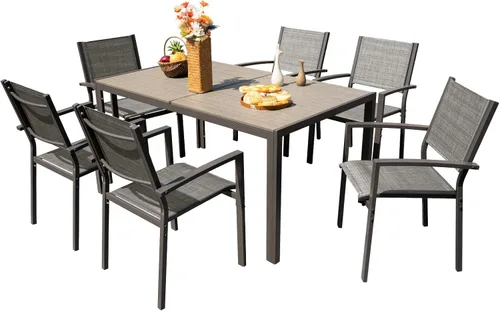 Vista 10 de Devoko Juego de comedor para patio, 7 piezas, muebles de exterior con mesa rectangular y 6 sillas apilables, juego de conversación familiar