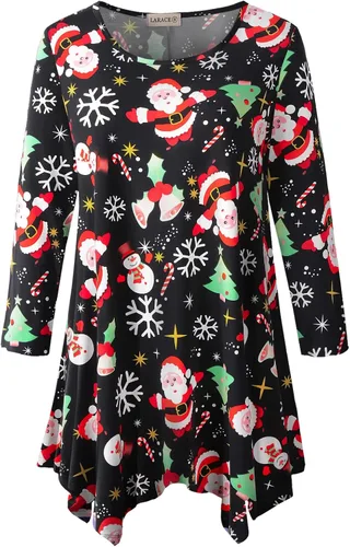 Vista 20 de LARACE - Camisa de talla extragrande para mujer, camisa tipo túnica con manga 3/4, ajuste holgado, ropa básica para mujer 2-negro_cuadros
