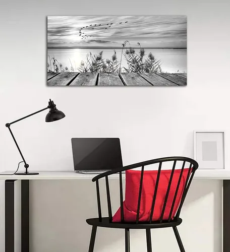 Vista 4 de yearainn Arte de Lienzo de Pared en Blanco y Negro Lago al Atardecer con Pájaros Voladores Cuadros para Decoración de Pared Paisaje Natural Pintura