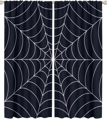 Vista 33 de Cortinas opacas de tela de araña aterradora para niños, tela de araña en blanco y negro, fondo rojo, dormitorio de niños, guardería, decoración