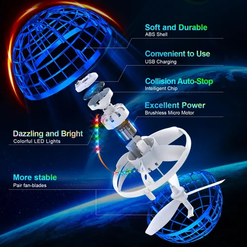 Vista 4 de Ivtivfu Bola de orbe voladora (azul, 2026 actualizada) con luces deslumbrantes, spinner mágico flotante, dron boomerang genial, globo cósmico