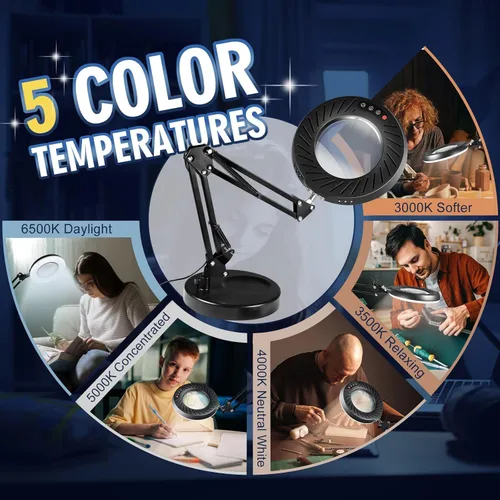 Vista 4 de 12 lupas con luz y soporte, 144 LED más brillantes, 10 brillo regulable, 5 modos de color, lámpara de escritorio de metal manos libres para lectura