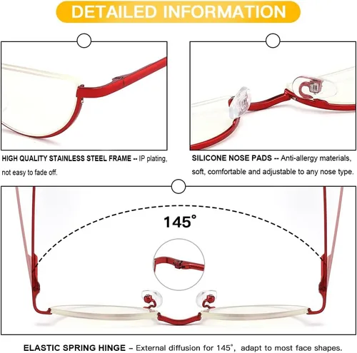 Vista 3 de Lentes de lectura de media luna, anti luz azul, rayos UV, medio marco semi lente delgado con bisagra de resorte con funda para hombres y mujeres