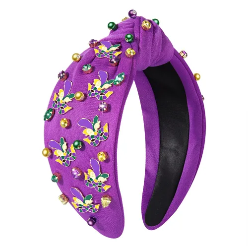 Vista 7 de MOLOCH Diadema de Mardi Gras para mujer, con cuentas moradas, amarillas, verdes, estrellas, diadema anudada, carnaval, joyería de cristal, nudo