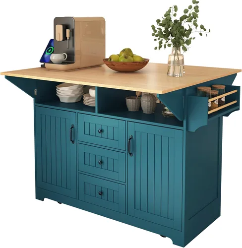 Vista 11 de Modern Rolling Kitchen Island with 2 Drop Leaves Power Outlets, 2 Storage Cabinets with Adjustable Shelf, 3 Drawers, Spice & Towel Rack, 5