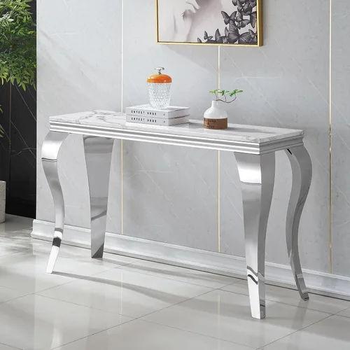 Vista 12 de Mesa de centro moderna, mesa central rectangular de mármol sintético blanco de 47 pulgadas, mesa de té de cóctel con acabado espejo dorado, base