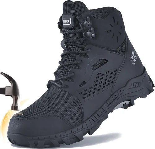 Vista 2 de SUADEX Botas de punta de acero para hombres y mujeres, impermeables, con soporte de arco para trabajo, construcción, botas de seguridad Negro