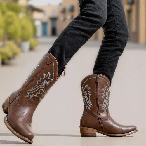 Vista 8 de Jeossy Botas vaqueras para mujer, vaquera occidental, a media pantorrilla, puntera redonda, bordadas, con cremallera