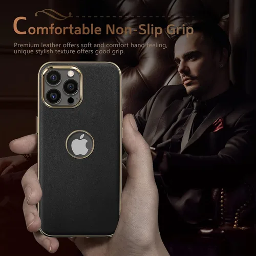 Vista 3 de LOHASIC Compatible con iPhone 14 Pro Max, funda delgada de cuero galvanizado dorado, antiarañazos, suave cubierta trasera protectora para hombre