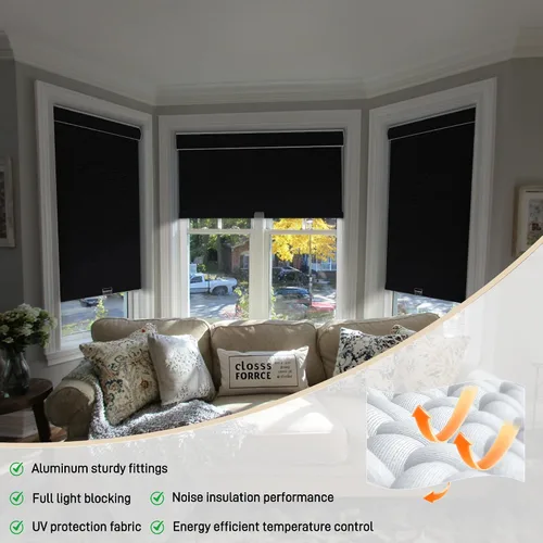 Vista 2 de Persianas enrollables opacas para ventanas, inalámbricas, de tela jacquard a rayas, con cenefa de casete, aislamiento térmico, protección UV