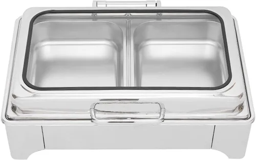 Vista 5 de Plato eléctrico de chef con tapa enrollable, calentadores de bufé de acero inoxidable con temperatura ajustable, calentador de alimentos comercial
