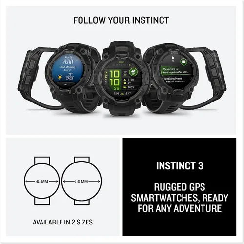 Vista 8 de Garmin Instinct® 3 45mm, pantalla AMOLED, reloj inteligente GPS resistente para exteriores, bisel reforzado con metal, linterna incorporada, hasta