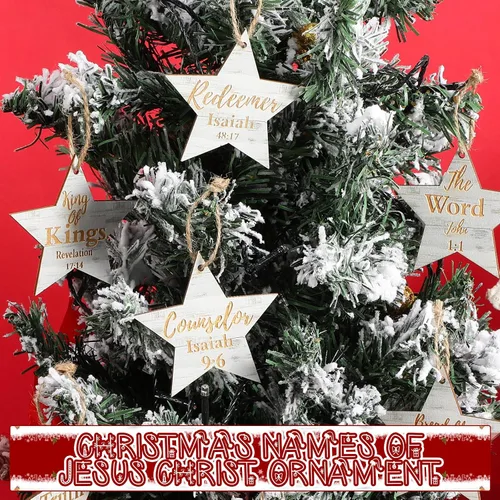 Vista 2 de Landhoow 24 piezas de adornos navideños con nombres de Jesucristo, adornos colgantes de madera con los nombres del salvador, adorno para árbol