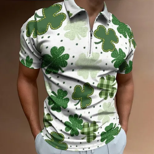 Vista 2 de Camisa polo de golf para hombre con estampado de trébol de San Patricio para fiesta irlandesa, casual, ajustada, de manga corta, para golf