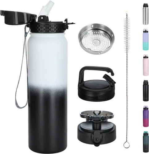 Vista 31 de Oldley Botella de Agua Aislada con Pajilla de 20oz, Botellas de Agua de Acero Inoxidable con 3 Tapas, Aislamiento al Vacío de Doble Pared Térmica