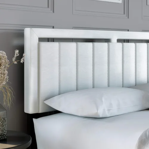 Vista 5 de Beaumont - Cama de plataforma tapizada con cabecero, base de colchón con 14 soportes de listones de madera, no requiere somier, piel sintética