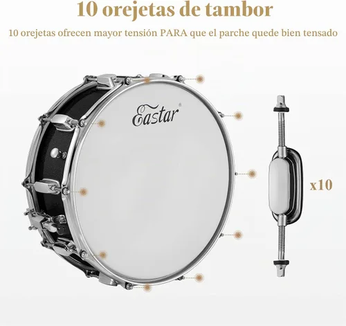 Vista 3 de Set de batería Eastar con baquetas, soporte, almohadilla silenciadora, bolsa, llave, 14" x 5.5", Negro Estrellado