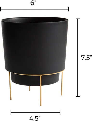 Vista 3 de Bloem Hopson Maceta decorativa de resina con soporte de metal, maceta de 6" para interiores y exteriores con soporte de metal dorado, negro