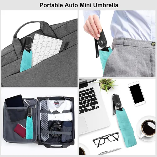 Vista 3 de LEAGERA Paraguas de viaje compacto para bolso, mango plano, impermeable para lluvia ligera
