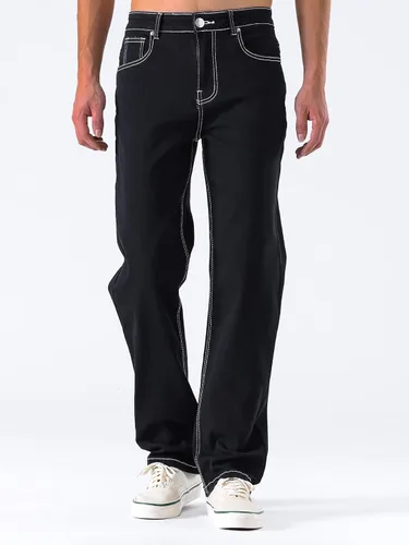 Vista 2 de Jeans negros apilados para hombre, jeans rasgados y rasgados, pantalones de mezclilla rectos Harajuku, pantalones de hip hop, ropa de calle