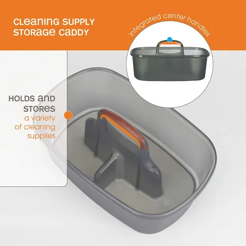 Vista 4 de Casabella Organizador de almacenamiento de limpieza multiusos de plástico con asa, 1.85 galones, cubo de limpieza rectangular gris y naranja