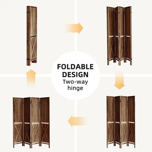 Vista 6 de Divisor de habitación de 4 paneles con estantes, pantalla de tablero de clavijas de 5.6 pies con 16 ganchos, divisor de habitación de madera