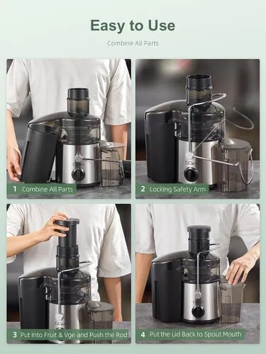 Vista 4 de QCen Máquina exprimidora, extractor centrífugo de 500 W con canal de alimentación de boca ancha de 3 pulgadas para frutas y verduras, fácil